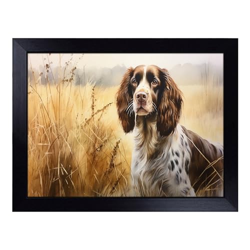 Lap Tray with Bean Bag Cushion, English Springer Spaniel Watercolour - Handmade in the UK, Raised Wooden Edge, Padded Cushion, Heat-Resistant Wipe-Clean Surface, for Meals, Laptops and Crafts