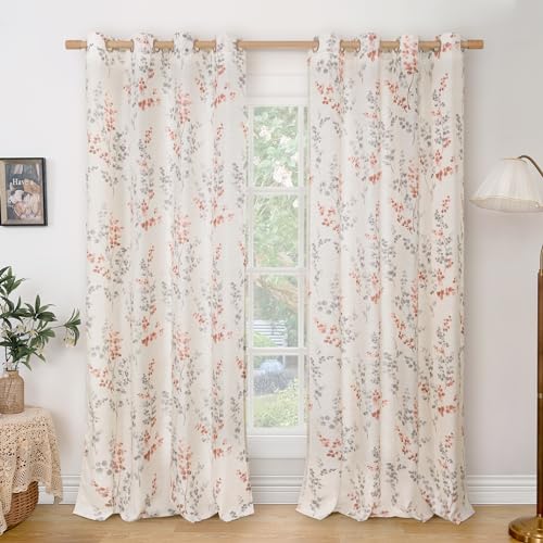 BGment Linen Curtains with Pattern 96 Inch Length 2 Panels Long Curtains for Living Room Light Filtering Privacy Window Curtains Floral 52 Inch Wide Terracotta