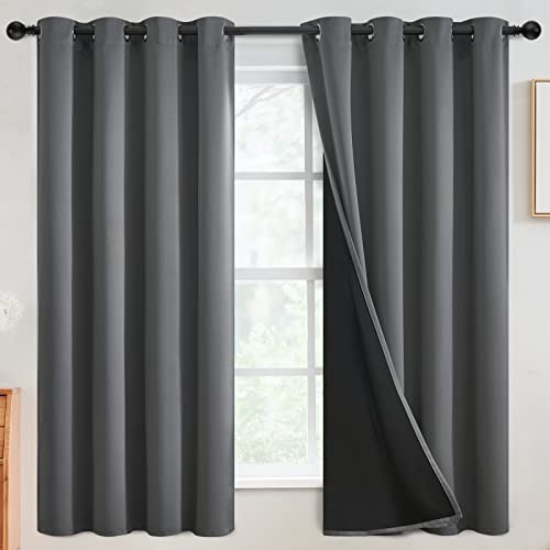 SimpleHome Grey 100% Blackout Curtains Room Darkening Living Room 63 Inch - Curtains for Bedroom,Thermal Insulated Grommet Window Drapes,Curtains for Living Room with Black Back,52 x 63 Inch,2 Panels
