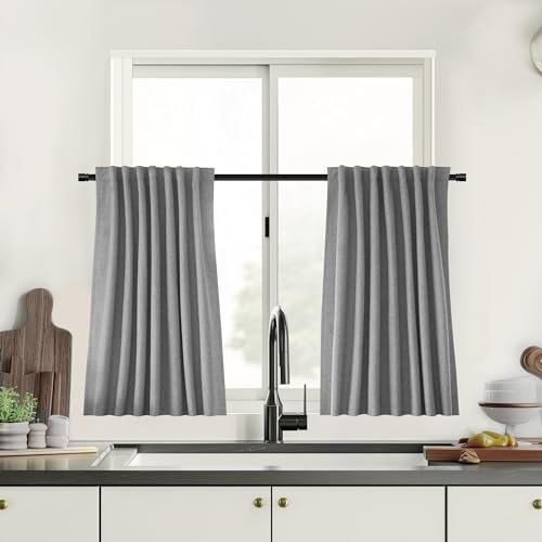UHITECH Short Linen Blackout Curtains 45 Inch Long 2 Panels Set, Grey - Thermal Insulated, Noise Cancelling, Heat Blocking, Suitable for Kitchen/Living Room/Bedroom/Basement, Room Darkening