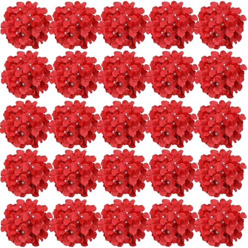 FagusHome 30 Pcs Silk Hydrangea Heads Artificial Flowers Heads and Stems Fake Hydrangea Flowers for Home Wedding Decor (Dark Red)