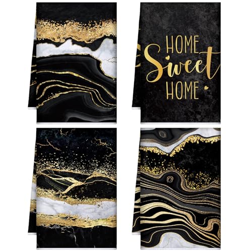 4 Pcs Marble Gold Black Marble Tea Towels Absorbent White Blue Dish Towels 24 x 16 Inches Kitchen Gifts for Farmhouse Kitchen Bathroom Christmas Decorations