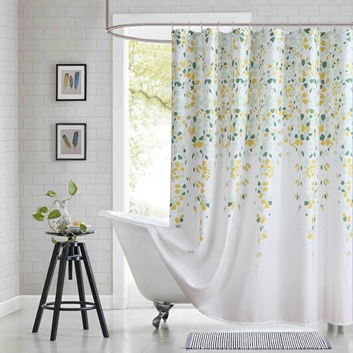 "BESTRIPES Extra Long Fabric Shower Curtain, Yellow and Sage Green Floral Shower Curtains for Bathroom, Waterproof Bathroom Curtains, 72"" W x 84"" H"