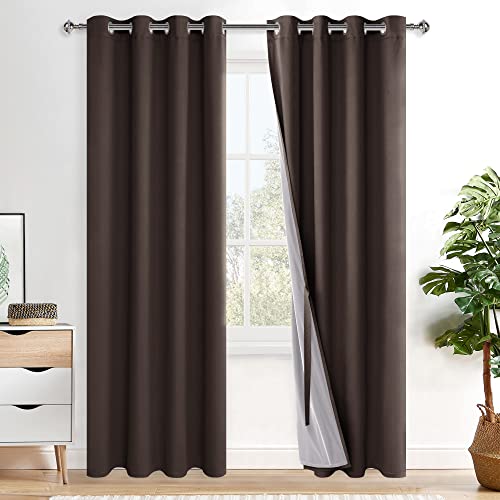 XWZO 100% Blackout Curtains 84 Inches Long with Tiebacks- Heat and Full Light Blocking, Noise Reducing Window Panels with Grommets for Bedroom/Nursery, Brown, W52 x L84, Set of 2