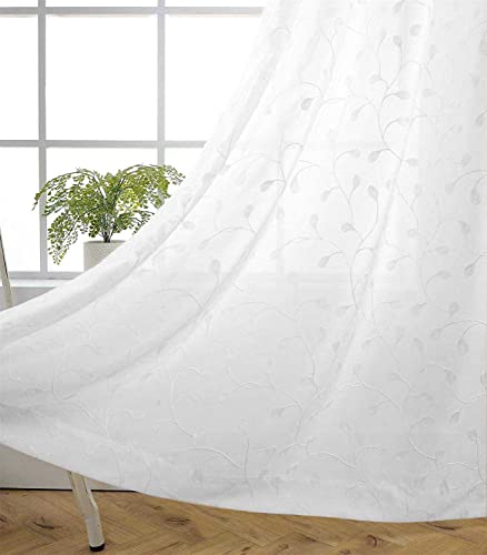MIUCO Floral Embroidery Semi Sheer Curtains Faux Linen Grommet Window Curtains for Bedroom Living Room 63 Inch Length 2 Panels, Pure White