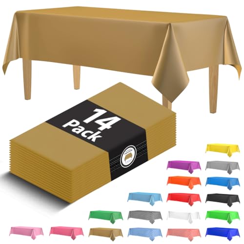 HSGUS Premium Gold 14-Pack Plastic Tablecloths - 54 x 108 in. Disposable Rectangle Plastic Table Cloths - Decorative Rectangle Table Cover - Smooth Tablecloths for Parties, Weddings