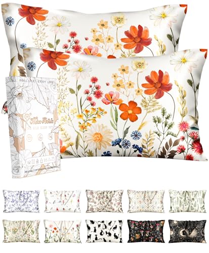 Miss Adola 2 Pack Silk Pillowcases - 20x30 Inch Queen Size Silk Pillow Cases with Hidden Zipper for Women Lady Smooth Soft Breathable Cooling Design Pillowcases for Hair and Skin, 3D Red Flower