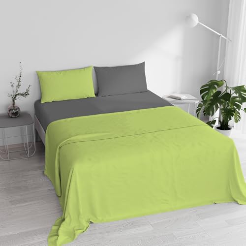 Double Bed Sheet Set, 100% Natural Cotton, Made in Italy – Complete Bed Set, Fitted Sheet, Top Sheet 240 x 300 cm and Pillowcases with Inner Flap, Acid Green/Dark Grey
