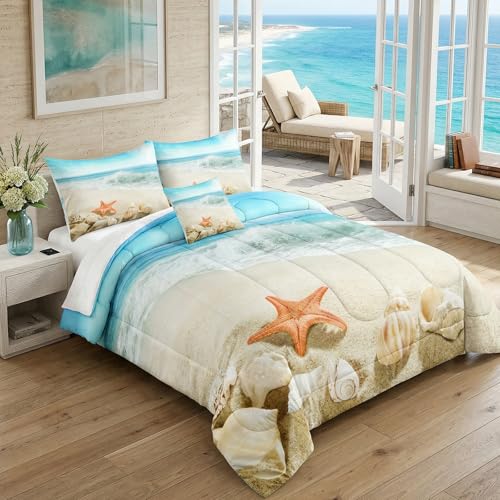 Bedbay Beach Comforter Set Twin Size Starfish Beach Themed Bedding Set Coastal Starfish Conch Natural Themed Teal Comforter Twin 1 Comforter 1 Pillowcase(Conch,Twin)