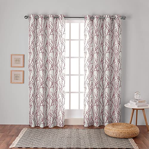 Exclusive Home Branches Linen Blend Grommet Top Curtain Panel Pair, 54X84, Burgundy
