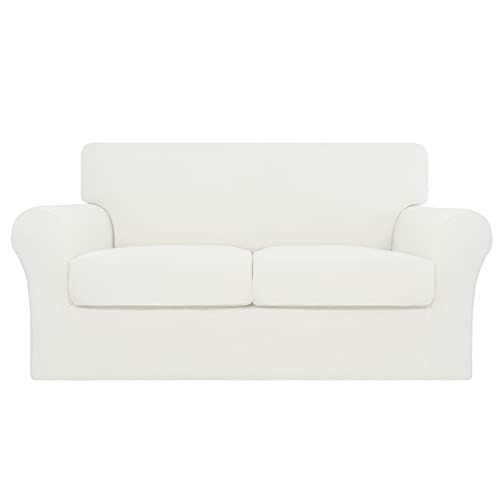 Easy-Going 3 Pieces Stretch Couch Cover Sofa Cover for Dogs Washable Sofa Slipcover for 2 Separate Cushion Couch Spandex Jacquard Fabric Elastic Furniture Protector for Pets, Kids (Ivory, Loveseat)