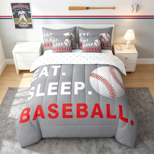 Feelyou Baseball Comforter Set 7 Piece Twin Size Boys Ball Sports Theme Bedding Set for Kids Teens Ultra Soft Baseball Games Lover Bedding Twin Comforter Set Gray Bed Set Room Decor Bed in a Bag