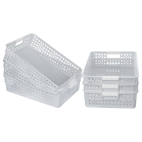 Cetomo Plastic Storage Box, Storage Baskets with Handle, Shelf Basket Organizer with Hole, Open Top Storage Bin for Home Kitchen Office, Gray, 6 Pack (34.5 x 24.5 x 8.5 cm)