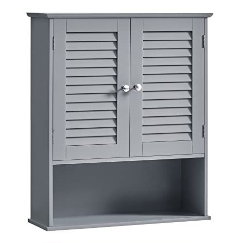 VASAGLE Bathroom Wall Cabinet, Wall-Mounted Bathroom Storage Cabinet, Medicine Cupboard with Adjustable Shelf, Double Shutter Doors and Open Shelf, 20 x 60 x 70 cm, Dove Grey BBC027P36