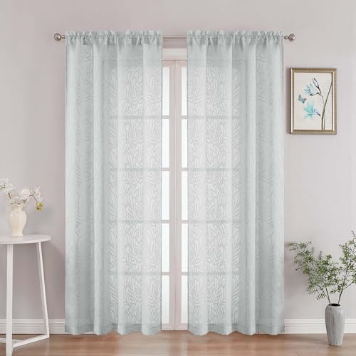 OVZME Light Grey Sheer Curtains 72 Inches Long 2 Panels, Voile Soft Airy Leaf Jacquard Textured Elegant Sheer Curtains for Living Room Bedroom Door Window, Dual Rod Pocket Drapes, 2x42Wx72L Inches
