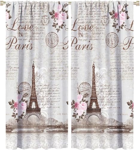 HZOHNAGO Paris Eiffel Tower Curtains Retro Pink Flowers Towers Pattern Blackout Print Rod Pocket Window Drapes for Bedroom Living Room 42x45in