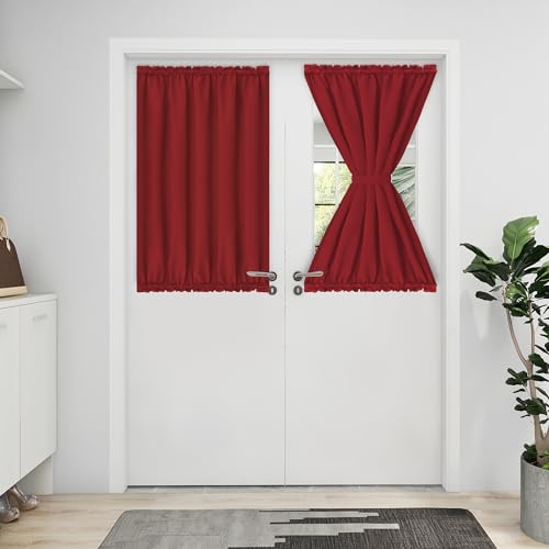 Easy-Going Blackout Door Curtains 1 Panel, 52x40 inch, Christmas Red - Rod Pocket Privacy Light Filtering Sidelight Curtains French Door Curtains with Tieback