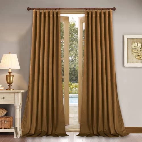 StangH Gold Brown Velvet Curtains Boho Fall Back Tab, W52 x L90, 2 Panels - 300GSM Soft Velvet Drapes, Thermal Insulated, Window Rod Pocket Luxury Privacy Home Decor, Room Darkening, Blackout, Bedroom