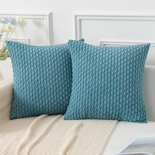 Kevin Textile Throw Pillow Covers Cushions Soft Corduroy Decorative Set of 2 Boho Striped Pillow Covers Pillowcases Farmhouse Home Decor for Couch Bed Sofa Living Room 18x18 Inch Light Blue