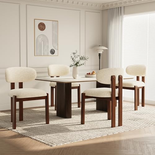Dining Chairs Set of 4, Upholstered Chenille Dining Room Chairs with Brown Solid Rubber Wood Frame, Soft Cushioned Seat Kitchen Chairs, Modern Nordic Accent Chairs for Dining Room Kitchen,Beige