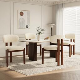 Dining Chairs Set of 4, Upholstered Chenille Dining Room Chairs with Brown Solid Rubber Wood Frame, Soft Cushioned Seat Kitchen Chairs, Modern Nordic Accent Chairs for Dining Room Kitchen,Beige