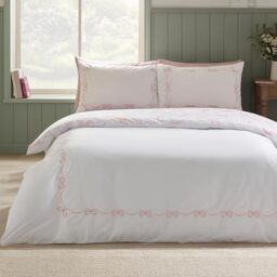 Catherine Lansfield Bow Embroidery Double Duvet Cover Set White/Pink