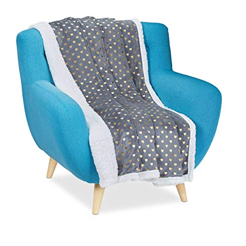 Relaxdays Cuddle Blanket with Golden Hearts, Fluffy Blankie, Lamb Fur Look, Two-Sided, 150x200 cm, Grey/White
