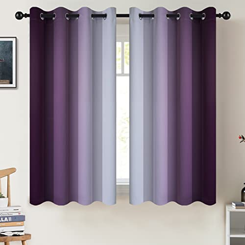 COSVIYA Grommet Ombre Room Darkening Curtains 54 inch Length, Purple and Greyish White Gradient Drapes Light Blocking Insulated Thermal Window Curtains for Bedroom/Living Room,2 Panels,52x54 inches