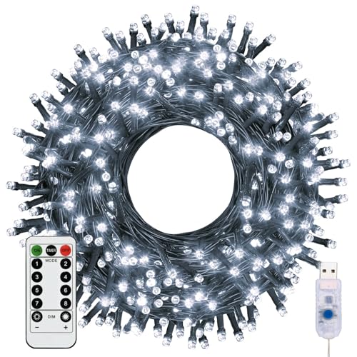 Woobroo Fairy Lights & USB String Lights, 20m 200 LEDs Copper Wire Light & Waterproof Outdoor Christmas Lights for Indoor Outdoor Lighting, Bedroom, Wedding Decor, Party, Christmas, Tree - White