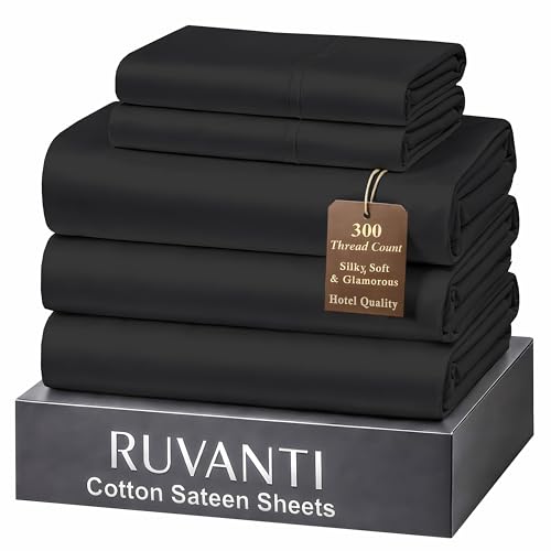"RUVANTI 100% Cotton Sateen Sheets Split King Size, Black - Split King Sheets 300 Thread Count 5 Piece Set, 16"" Deep Pocket, Cooling Bed Sheets For Hot Sleepers, Breathable & Durable"