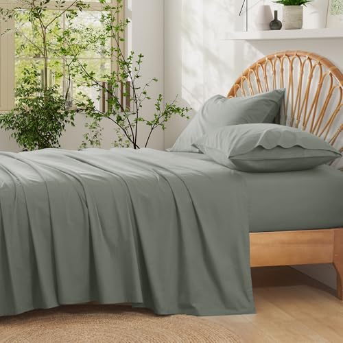 "Entisn Pure Cotton Sheets Full 4-Pc Set, 400TC, 16"" Pocket, Light Grey - Breathable Year-Round Comfort, Snug Fit with Full Elastic, Machine Washable for Easy Care, Soft Feel Gentle on Skin"