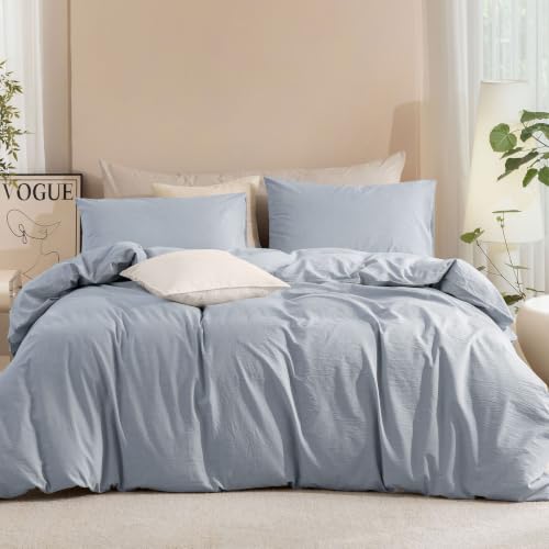 JIYUAN King Washed Cotton Duvet Cover Set, 3-Piece, Relaxed Linen Feel - Includes 2 Pillowcases, Hidden Zipper & 8 Corner Ties. Naturally Soft, Breathable & Lightweight. Machine Washable.
