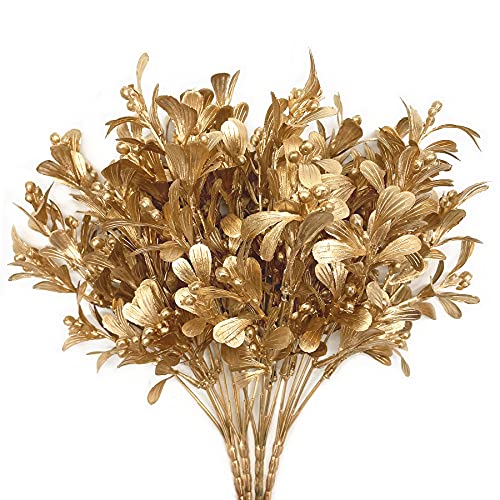 PASYOU Fake Plants Christmas Decorations, Golden Artificial Flowers Plastic Grass Shrubs Leaves Indoor Outdoor Home Garden Party Hotel Verandah Wedding Event Bouquet Faux DIY Decor - Gold 4 Pack