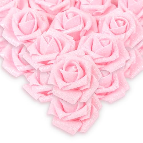 IPOPU Artificial Roses,50PCS Pink Glitter Roses Bouquet Glitter Flowers for Crafts DIY Wedding Bouquet Home Party Decoration(Pink)