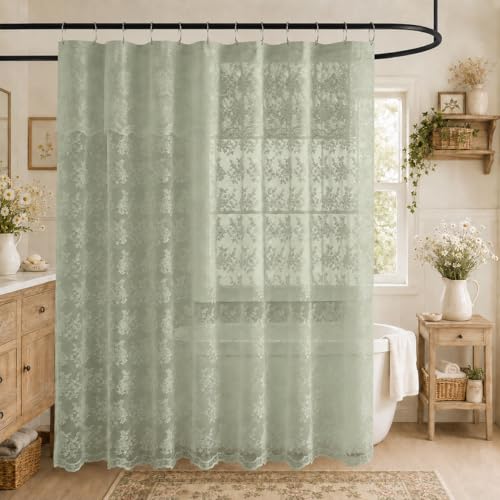 TUDECO Green Shower Curtain 84 Length with Attached Valance - French Country Embroidered Lace Long Shower Curtain for Bathroom Semi Sheer Scalloped Edges Reinforced Holes Top 72x84 Inch, Sage Green