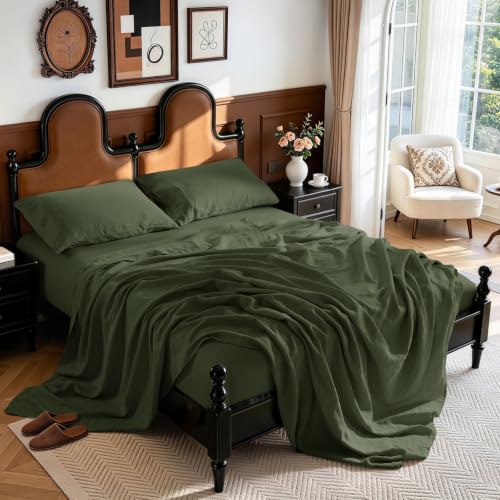 "LBRO2M 100% French Organic Linen Sheet Set, 19"" Deep Pocket King Size 4 Pcs - Natural Flax Bed Sheet, Soft, Breathable,Durable Sheets, Cozy for All Year Round, Ideal for Hot Sleepers, Olive Green"