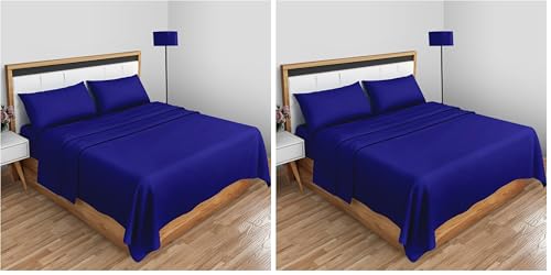 Easy Care Percale Flat Sheets Double- Shrinkage And Fade Resistant Bedsheet- Non Iron Bedding Polycotton Fabric Sheet- Royal Blue (Pack of 2)