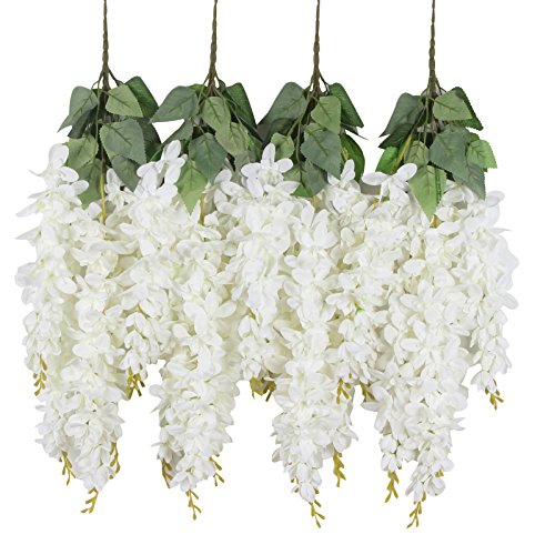 Duovlo Silk Wisteria Flower Artificial 2.13 Feet Hanging Wisteria Vine Fake Flower Bush String Home Party Wedding Decoration,Pack of 4(White)