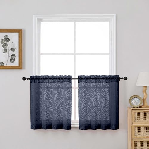 OVZME Short Navy Blue Sheer Curtains 24 inch Length 2 Panels Set, Textured Soft Airy Elegant Leaf Jacquard Kitchen Curtains Tier for Bathroom Bedroom Living Room Small Windows, 2x30Wx24L Inches