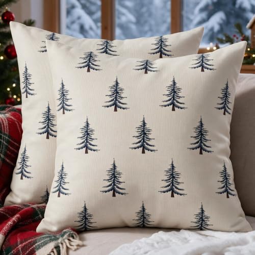 Sivirary Christmas Pillow Covers 18x18 Inch Set of 2 Xmas Tree Blue Cream Decorative Throw Pillowcases Outdoor Winter Farmhouse Holiday Cushion Cases Decor for Sofa Couch Bed