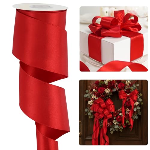 HUIHUANG Red Wired Satin Ribbon 2.5 inch Red Wire Edge Ribbon for Wreaths, Bows Making, Gift Wrapping, Holiday Home Decor, Crafts, Christmas Tree Bows-Continous 10 Yards