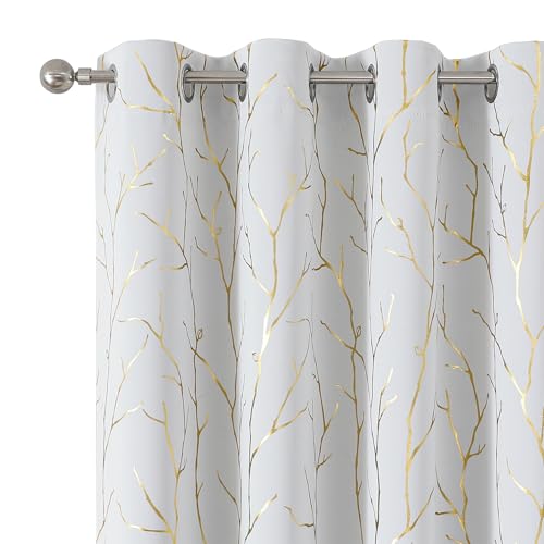 BUHUA Blackout Curtains 72 Inches Length, Thermal Curtain for Bedroom 2 Panels Set, Room Darkening Curtains with Gold Shinny Branches Tree Patern, 52W??72L Greyish White
