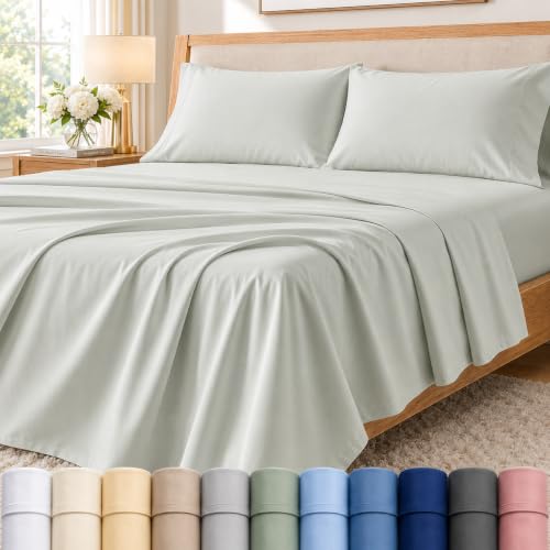 Egyptian Cotton Sheets Queen Size Bed Set, 400 Thread Count, 15 Inch Deep Pocket Queen Sheets, Sateen Weave, 4 Piece, Naturally Cool, Breathable, Elasticized Luxury Bedding for All Seasons, Mineral