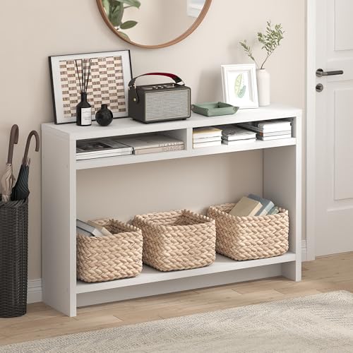 "Furinno VIOLA Entryway Table, 3-Tier Narrow Console Table with Extra Thick Frame and Storage Shelf, 47.2"" Wide Sofa Table, for Living Room, Home Office, Entryway, White"