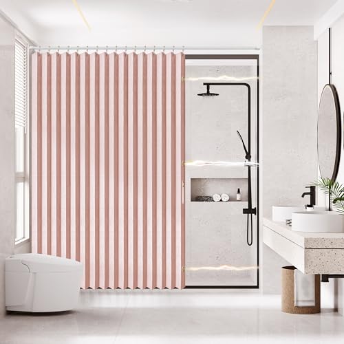 "AJAZZ, Magnetic Folding Shower Curtains, Fabric Polyester Material, Shower Curtain Hook, Waterproof Shower Curtain, Suitable for Family, Hotel, Homestay，(Pink,77"" W x 72"" L) 1 Panel"