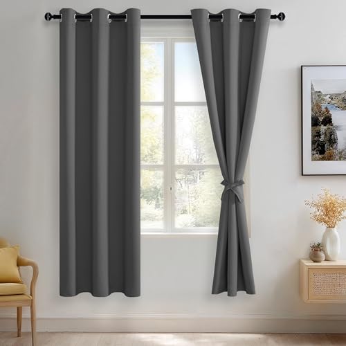 JIUZHEN Dark Grey Blackout Curtains with Tiebacks Thermal Insulated, Light Blocking and Noise Reducing Grommet Curtains for Bedroom and Living Room, Set of 2 Window Curtain Panels, 42 x 72 Inch Length