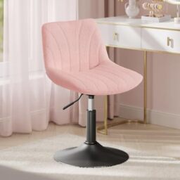 VASAGLE Dressing Table Chair, Height Adjustable Bar Stool with Back, 360° Swivel Beauty Stool for Bedroom, Dining Room, Home Office, Teddy Fleece, Pink and Black LJB160S101