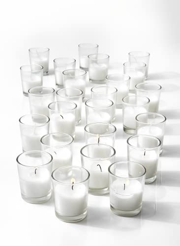 "Serene Spaces Living 10-Hour White Unscented Votive Candles in Set of 100 - Classic Clear Glass Design Measures 2"" Tall and 1.75"" Diameter"