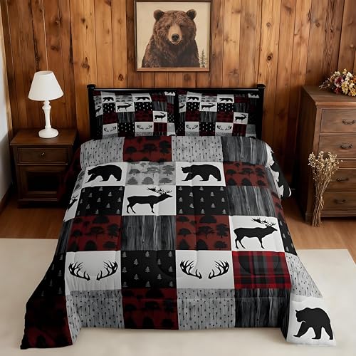 Feelyou Moose Comforter Farmhouse Bear Deer Bedding Set for Boys Girls Women Men Buffalo Check Plaid Comforter Set Red Gray Bohemian Arrow Room Decor Twin Size Quilt Set 2Pcs