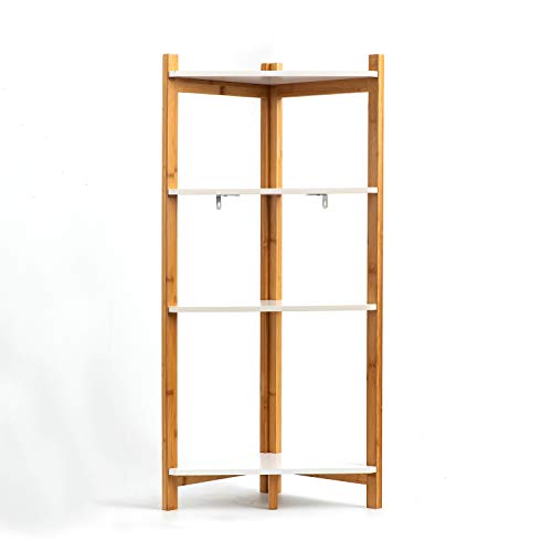 ASPECT Tess White & Bamboo Corner Shelf/Bathroom Freestanding Storage Units (34x34x99 cm)